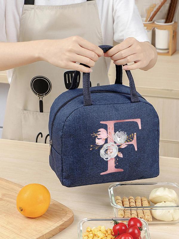 Letter & Flower Pattern Lunch Bag, Casual Zipper Lunch Bag, Portable Thermal Food Picnic Bag, Women's Bags for Work & Daily Used, for Fall Outfits Fall Freshness