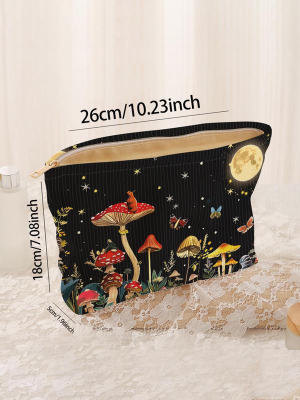 Mushroom & Butterfly Pattern Mini Makeup Bag, Corduroy Zipper Makeup Bag, Multi-functional Portable Storage Bag, Travel Makeup Bag for Women & Girls for Travel Essentials