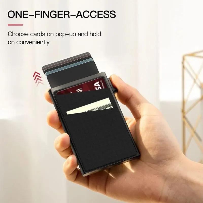 Men’s Black RFID Blocking Minimalist Wallet Large Capacity One Touch Pop-Up Wallet Slim Wallet Business Credit Card Holder Aluminum Wallet lightweight