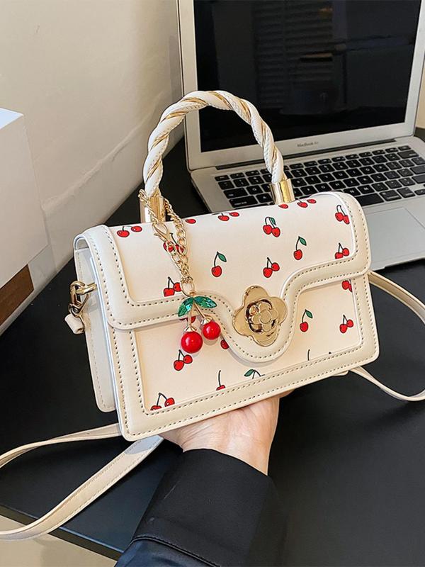 Women's Summer Cherry Pattern Handbag As Gift, 2024 Fashionable Cute Twist Handle Crossbody Bag, Casual All-match Commuter Bag with Pendant for School, Work, Shopping