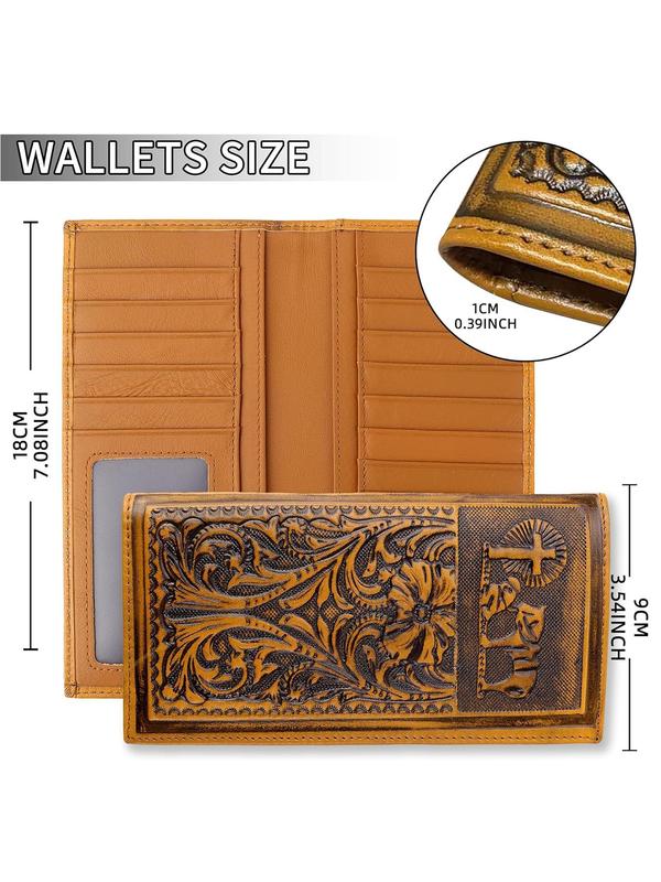 Vintage Style Animal & Flower Embossed Long Wallet,  Large Capacity Leather Long Wallet for Men, Western Cowboy Fashion Purse for Men Daily Use