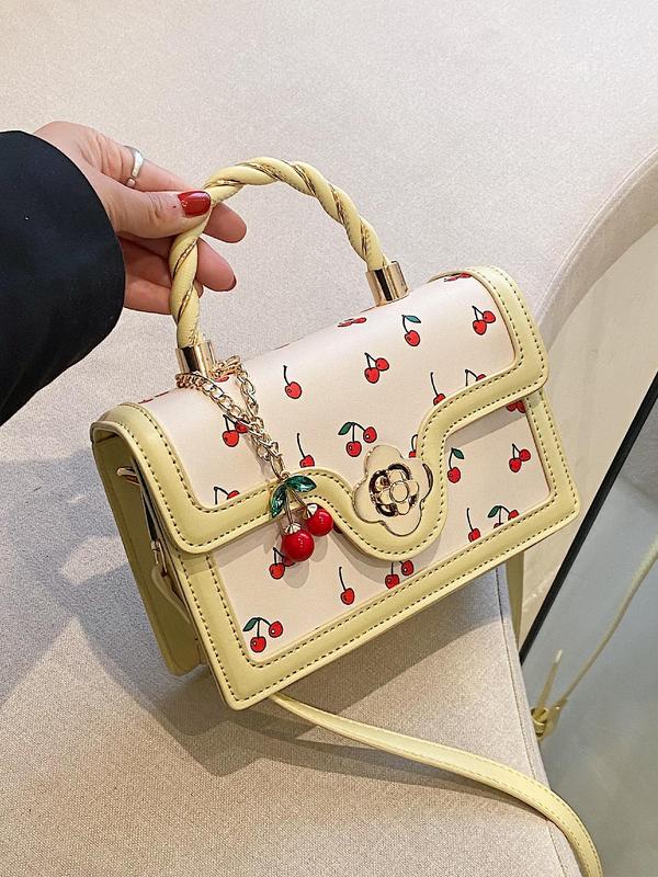 Women's Summer Cherry Pattern Handbag As Gift, 2024 Fashionable Cute Twist Handle Crossbody Bag, Casual All-match Commuter Bag with Pendant for School, Work, Shopping