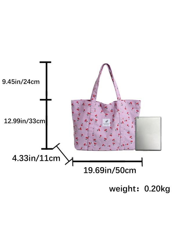 Cherry Pattern Letter Patched Design Tote Bag, Large Capacity Shoulder Bag for Women & Girls, Casual Trendy Versatile High-quality Daily Commuting Bag