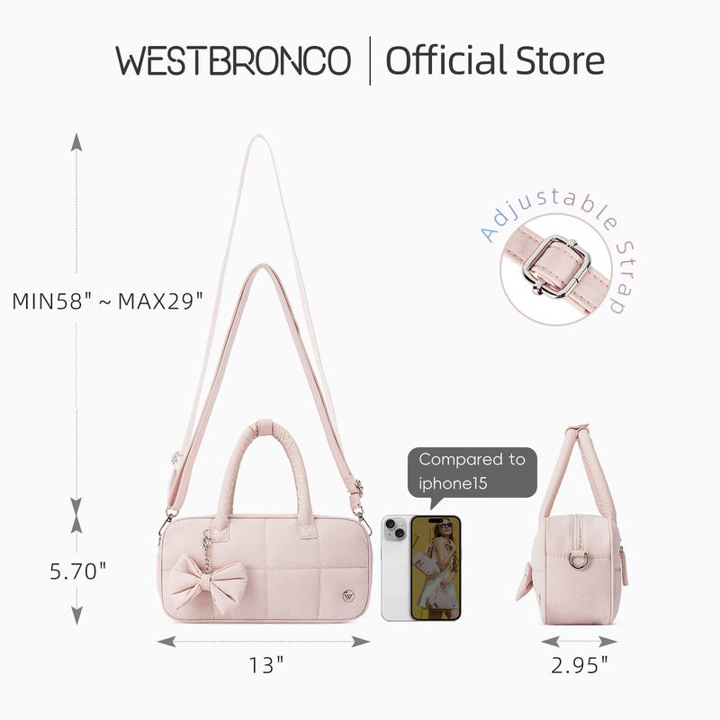 WESTBRONCO Women Puffer Bag Quilted Crossbody Bow Bags for Women Nylon Shoulder Handbag with Adjustable Strap Gym Travel