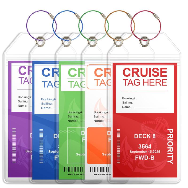 Cruise Luggage Tag Holders, 5 Pack Luggage Tags for Cruise Ships, Carnival Cruise Luggage Tags Clear Cruise Luggage Tag Holder Zip Seal with Steel Loops Fits All Cruise Lines Cruise Essentials, Portable Card Holder, Duty Badge Holder