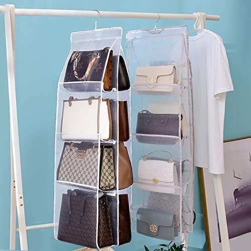 Handbag Hanging Purse Organizer for Closet, 8 Pocket Handbag Storage Organizer Hanger Oxford Cloth Closet Organizer for Family Closet Bedroom, Foldable and Universal Fit, White