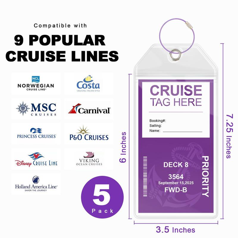 Cruise Luggage Tag Holders, 5 Pack Luggage Tags for Cruise Ships, Carnival Cruise Luggage Tags Clear Cruise Luggage Tag Holder Zip Seal with Steel Loops Fits All Cruise Lines Cruise Essentials, Portable Card Holder, Duty Badge Holder