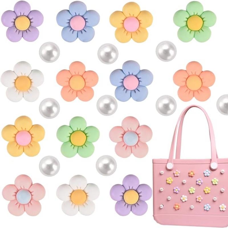 24pcs Flower Charms for Beach bag,Cute Flower Accessories Charms Compatible with Beach bag Original All Models Insert Decorative Letter for Handbag Beach Tote Bag