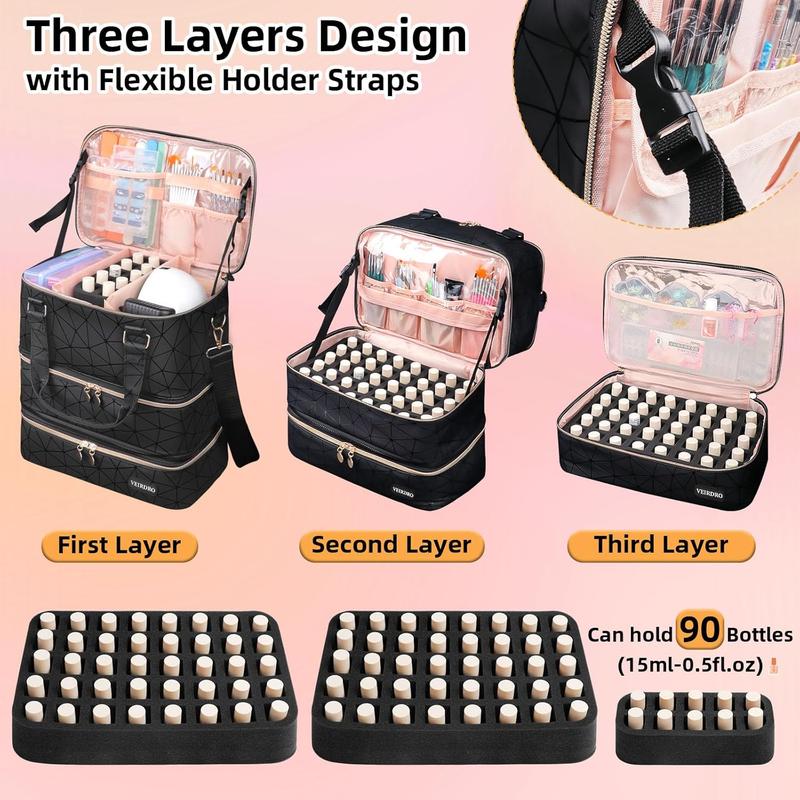 Polish Organizer Hold 90 Bottles (15ml 0.5fl.Oz)&  Lamp, Three Layer  Supplies Organizer Case with Holder&  Strap, PU Leather  Kit Organizers and Storage Bag (Black)