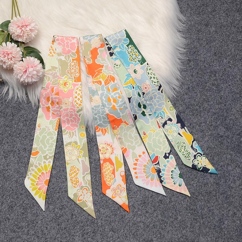 6 pieces floral bag scarves for handbag 120 cm (47 inches) LONG scarf hair ribbon purse scarf twilly scarf for bag ribbon scarf handbag handle ribbon scarves neck scarf neckerchief fashion accessories skinny scarf for women girls ladies hairscarf