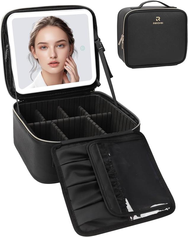 [Tiktok Made me Buy It] Makeup Bag with Light Up Mirror & Brush Organizer Storage Box - Rechargeable Vanity Mirror with 3 Color Lights