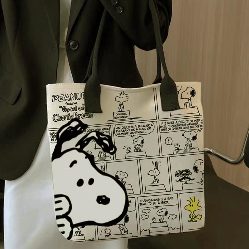 MINISO Snoopy Cartoon Printed Canvas Bag Large Capacity Handbag Casual Versatile Tote Bag Shopping Bag Shoulder Bag