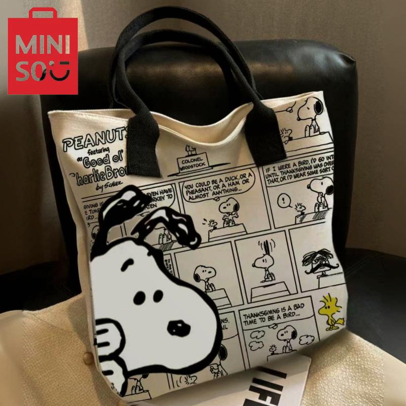 MINISO Snoopy Cartoon Printed Canvas Bag Large Capacity Handbag Casual Versatile Tote Bag Shopping Bag Shoulder Bag