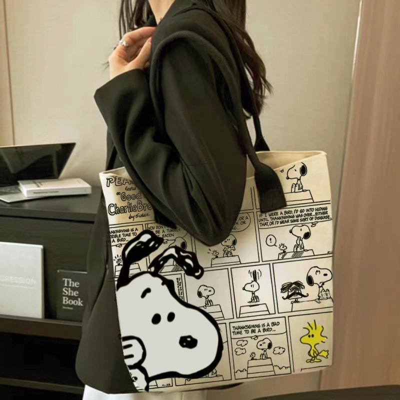 MINISO Snoopy Cartoon Printed Canvas Bag Large Capacity Handbag Casual Versatile Tote Bag Shopping Bag Shoulder Bag