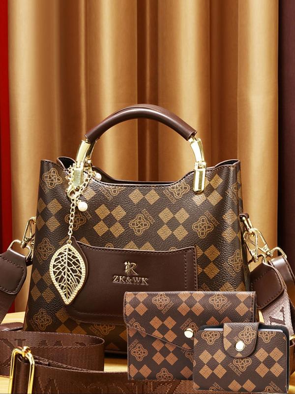 Women's Fashionable Geometric Pattern Handbag with Charm & Wallet & Coin Purse, Casual Versatile Shoulder Bag Set for Daily Used, Trendy High-quality Daily Commuting Bag