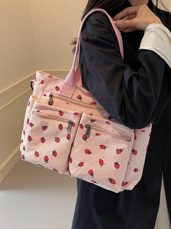 Strawberry Pattern Decor Corduroy Tote Bag, Fashionable Multi-pocket Crossbody Bag for Women, Casual Trendy Versatile High-quality Daily Commuting Bag, Girl Fashionable Bag