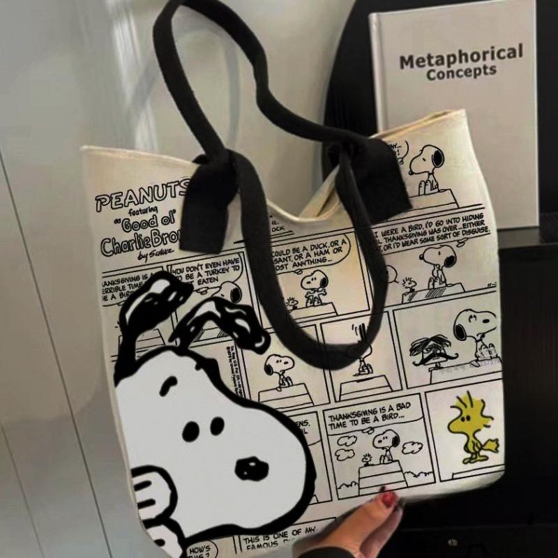 MINISO Snoopy Cartoon Printed Canvas Bag Large Capacity Handbag Casual Versatile Tote Bag Shopping Bag Shoulder Bag