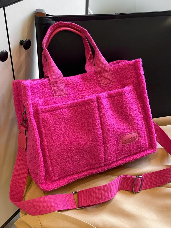 Women's Solid Color Fuzzy Tote Bag, Large Capacity Shoulder Bag for Daily Used, Casual Trendy Versatile High-quality Daily Commuting Bag, Girl Shopping Bag, Tote Bag for Women