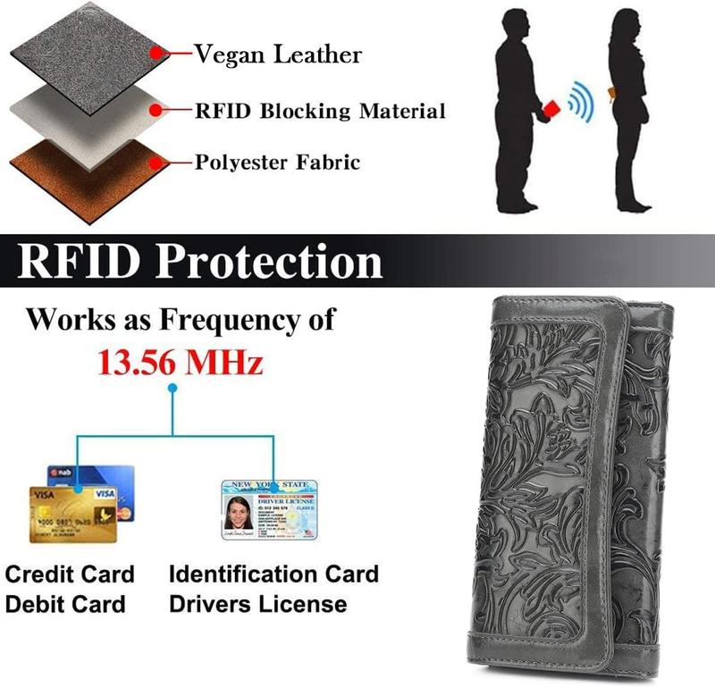 Women's Wallet Leather RFID Blocking Trifold Ladies Purse Embossed long Clutch Card Holder Phone Checkbook Organizer