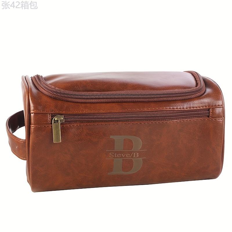 Personalized Faux Leather Toiletry Bag for Men - Custom Monogram Initials Travel Dopp Kit with Lining, Light Brown, Ideal Gift for Husband, Friend, Family - Do Not Wash (1pc)