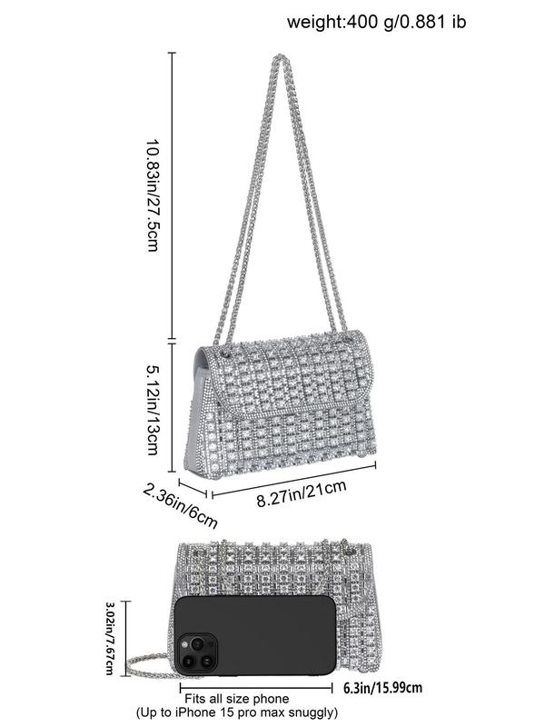 Women's Rhinestone Decor Evening Bag, Exquisite Crossbody Bag with Chain Strap, Versatile Commuting Bag, Girl Designer Shopping Bag, Crossbody Bag for Women Gift, Fall Outfits, Fall Freshness