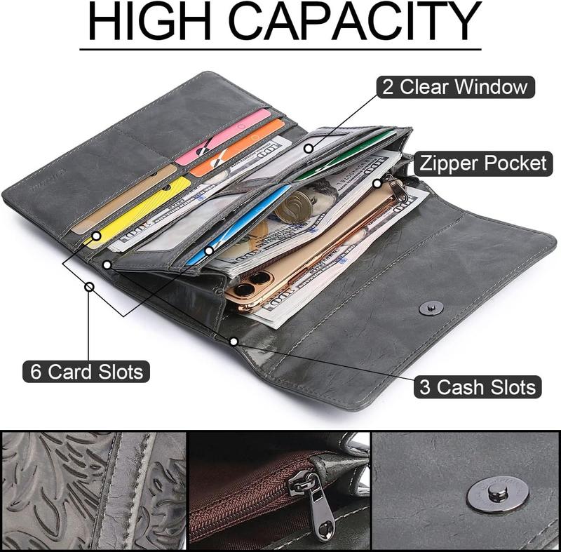 Women's Wallet Leather RFID Blocking Trifold Ladies Purse Embossed long Clutch Card Holder Phone Checkbook Organizer