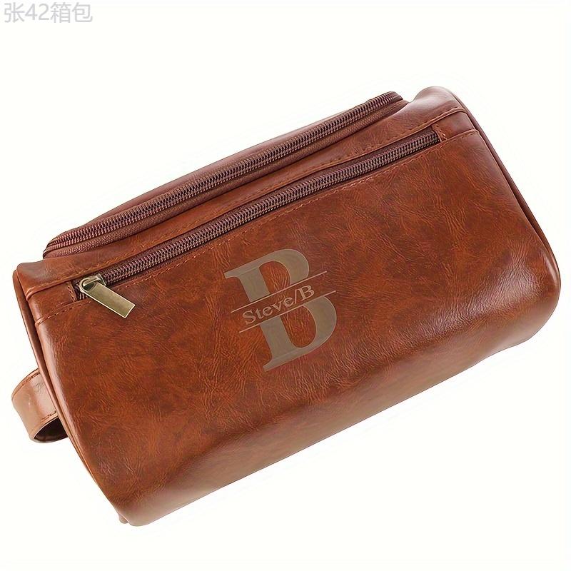 Personalized Faux Leather Toiletry Bag for Men - Custom Monogram Initials Travel Dopp Kit with Lining, Light Brown, Ideal Gift for Husband, Friend, Family - Do Not Wash (1pc)