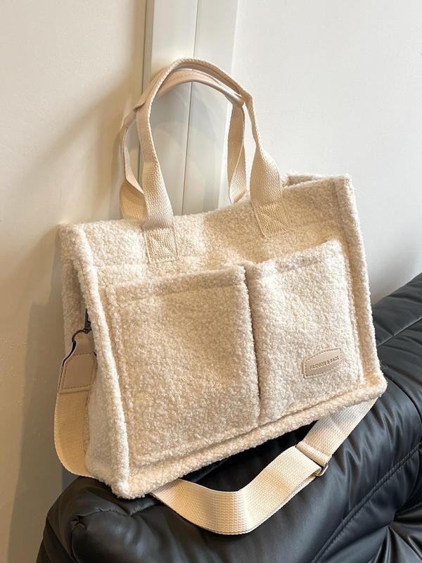 Women's Solid Color Fuzzy Tote Bag, Large Capacity Shoulder Bag for Daily Used, Casual Trendy Versatile High-quality Daily Commuting Bag, Girl Shopping Bag, Tote Bag for Women