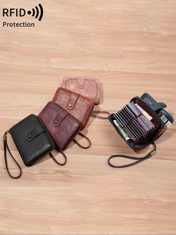 Women's Vintage Style RFID Blocking Wallet, Fashionable Multi Card Slot Card Holder with Wrist Strap, Portable Card Holder for Women & Girls