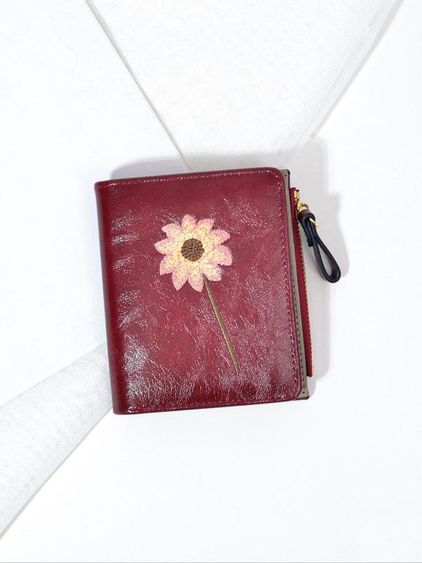 Women's Elegant Flower Embroidery Short Wallet, Fashionable PU Leather Zipper Bifold, Multi-card Slot Card Holder, Casual Versatile Wallet for Daily Use