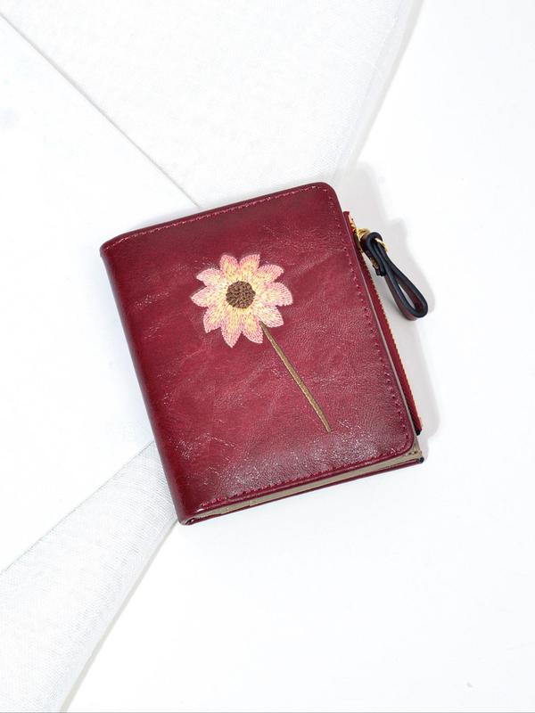 Women's Elegant Flower Embroidery Short Wallet, Fashionable PU Leather Zipper Bifold, Multi-card Slot Card Holder, Casual Versatile Wallet for Daily Use