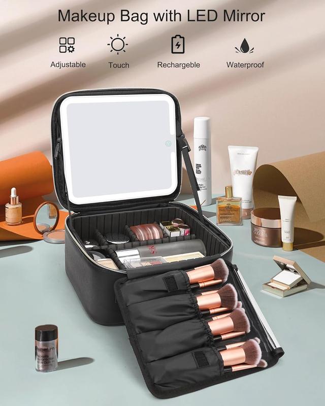 [Tiktok Made me Buy It] Makeup Bag with Light Up Mirror & Brush Organizer Storage Box - Rechargeable Vanity Mirror with 3 Color Lights