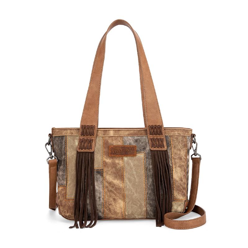 Wrangler Denim-textured Color-block Fringe Crossbody Bag Shoulder Bag with Top Handle