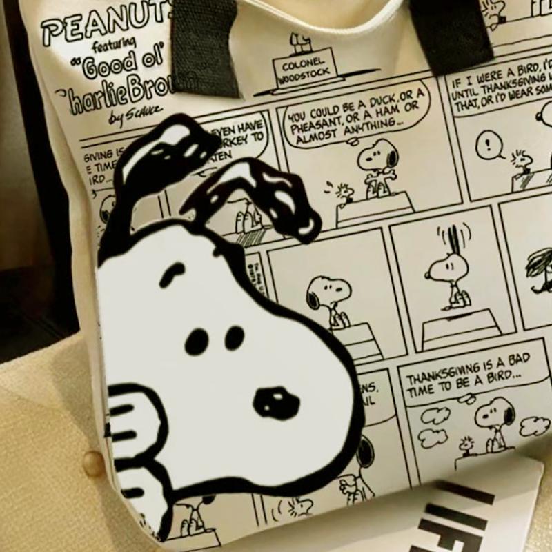 MINISO Snoopy Cartoon Printed Canvas Bag Large Capacity Handbag Casual Versatile Tote Bag Shopping Bag Shoulder Bag