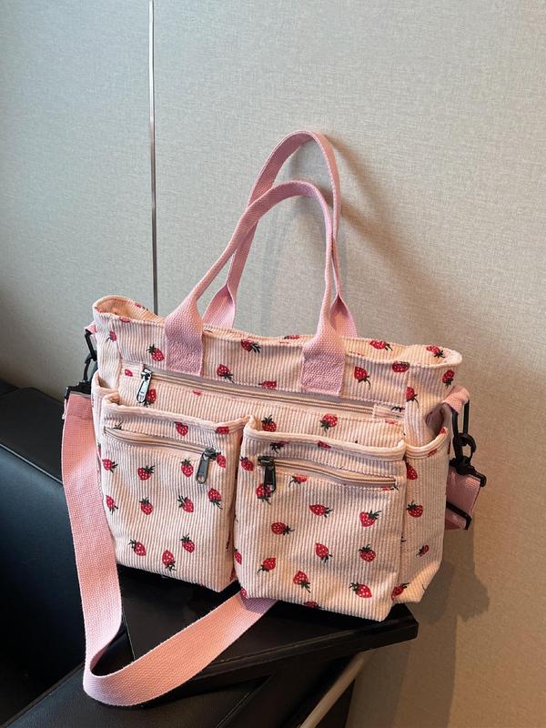 Strawberry Pattern Decor Corduroy Tote Bag, Fashionable Multi-pocket Crossbody Bag for Women, Casual Trendy Versatile High-quality Daily Commuting Bag, Girl Fashionable Bag