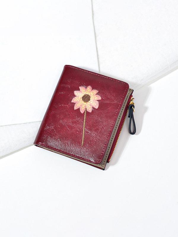 Women's Elegant Flower Embroidery Short Wallet, Fashionable PU Leather Zipper Bifold, Multi-card Slot Card Holder, Casual Versatile Wallet for Daily Use