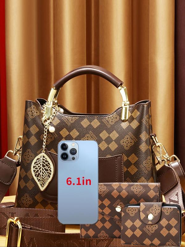 Women's Fashionable Geometric Pattern Handbag with Charm & Wallet & Coin Purse, Casual Versatile Shoulder Bag Set for Daily Used, Trendy High-quality Daily Commuting Bag