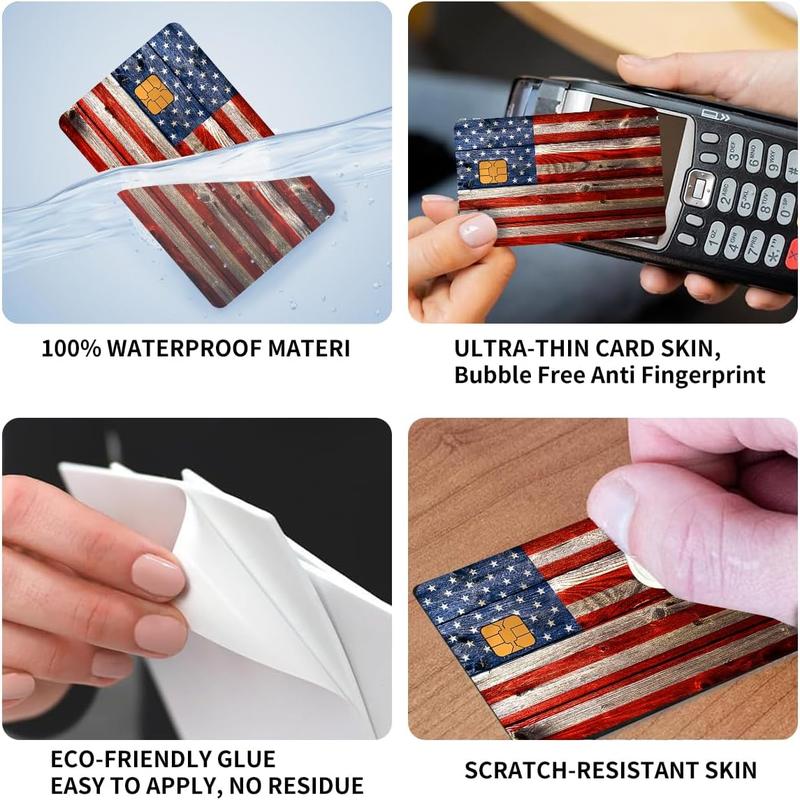 4PCS Retro Wood American Flag Card Skins - Credit, Debit, & Transportation Card Covers | Scratchproof, Slim, Small Chip Compatible