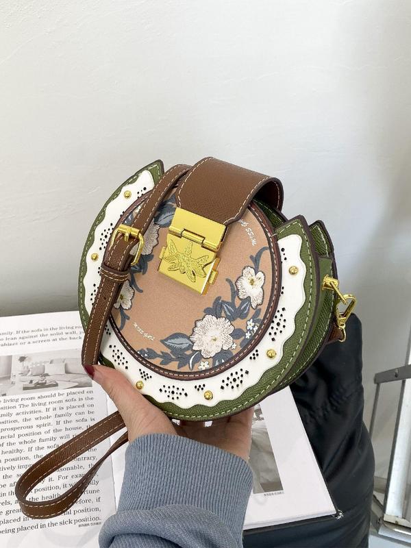 New Fashion Colorblock Floral Pattern Handbag, Stylish All-match Retro Colorblock Circle Bag with Adjustable Strap, All-match Commuter Bag for Daily Used