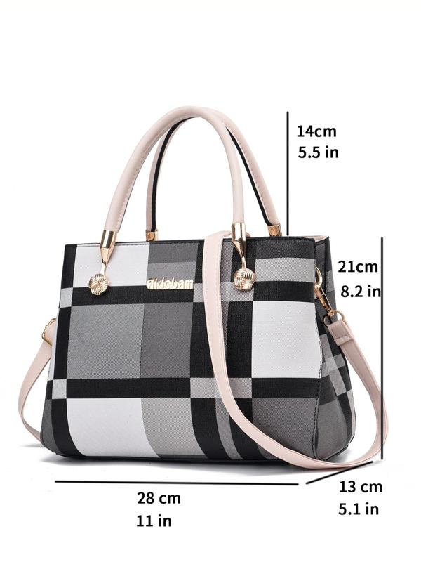 Elegant Plaid Pattern Charm Decor Satchel, Fashion Plaid Pattern Handbag As Gift, Casual Versatile Pu Leather Zipper Bag for Women, All-match Commuter Bag for Daily Use