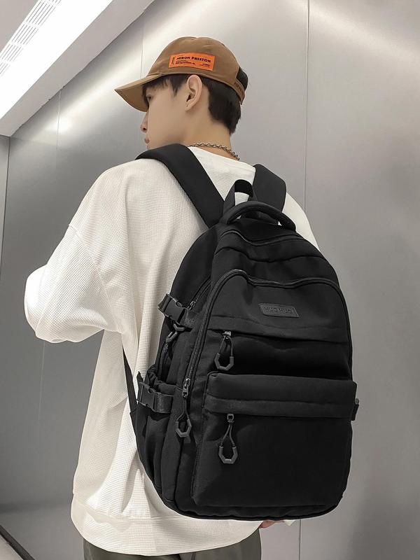 Unisex Solid Color Patched Decor Backpack, Waterproof Preppy Backpack, Large Capacity School Bag, Student Bag, USB Port Backpack, Light Weight Backpack, Versatile Backpack for Outdoor Travel