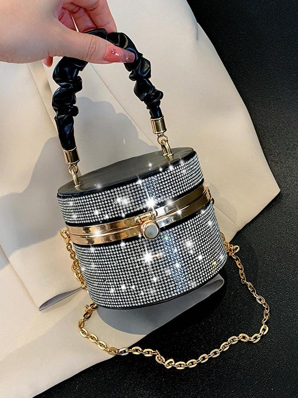 Women's 2024 Summer Minimalist Elegant Rhinestones & Chain Decor Ruched Handle Design Evening Bag for Party, Temperament All-match Evening Bag