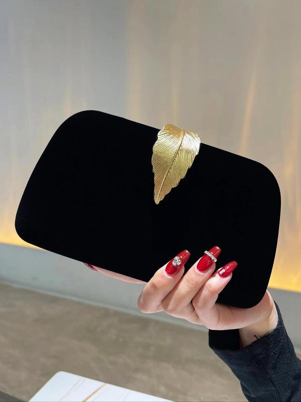 Women's Leaf Design Velvet Evening Bag, Elegant Solid Color Clutch Bag For Party, Trend Gorgeous Bag For Wedding Party