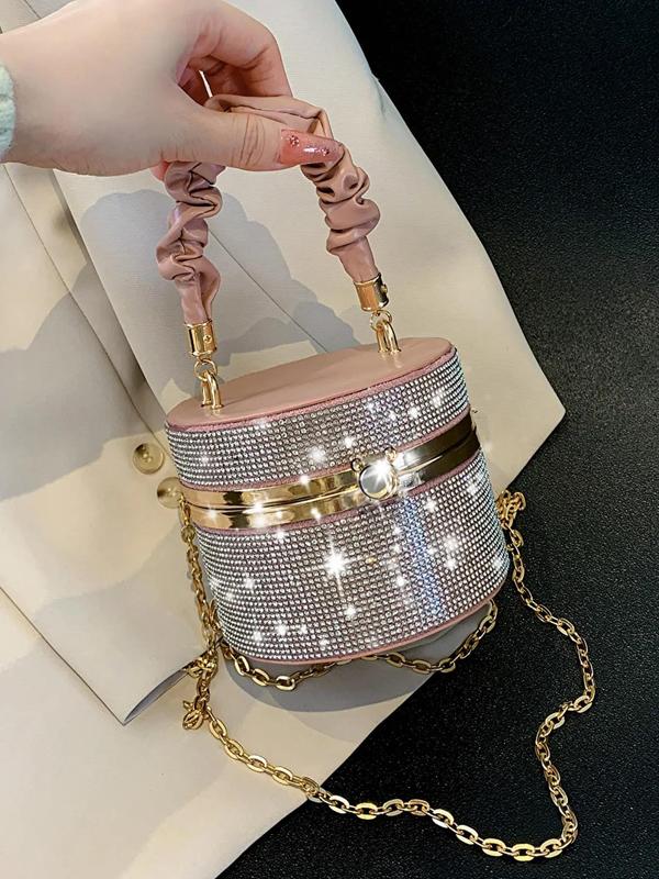 Women's 2024 Summer Minimalist Elegant Rhinestones & Chain Decor Ruched Handle Design Evening Bag for Party, Temperament All-match Evening Bag