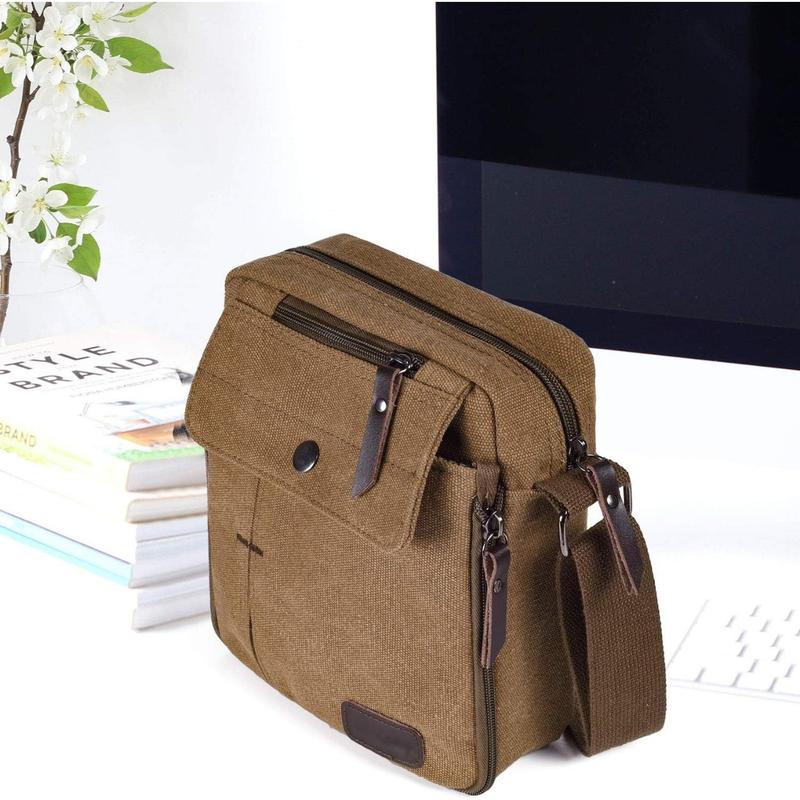 Vintage Canvas Cross Body Casual Shoulder Bag, Multipurpose Messenger Bag Purse Briefcase Travel Organizer Bag Multi-pocket Handbag , Coffee