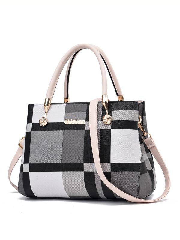 Elegant Plaid Pattern Charm Decor Satchel, Fashion Plaid Pattern Handbag As Gift, Casual Versatile Pu Leather Zipper Bag for Women, All-match Commuter Bag for Daily Use