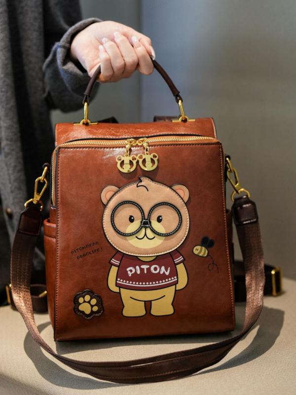 Women's Cute Cartoon Bear Pattern Backpack, Casual Large Capacity Fashion Backpack, Pu Leather All-match School Bag, Travel Backpack