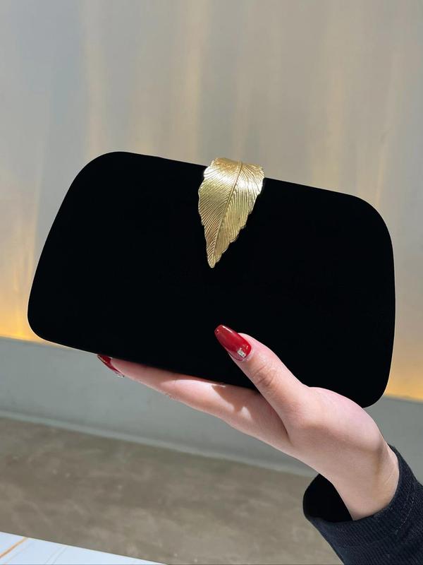 Women's Leaf Design Velvet Evening Bag, Elegant Solid Color Clutch Bag For Party, Trend Gorgeous Bag For Wedding Party