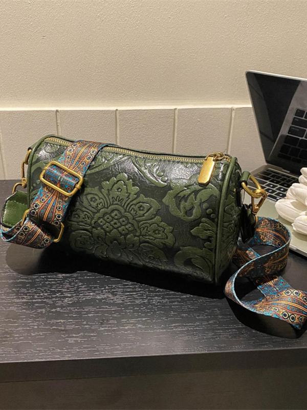 Women's Boho Style Floral Embossed Boston Bag, Vintage Ethnic Pattern Strap Shoulder Bag, Casual Trendy Versatile High-quality Daily Commuting Bag