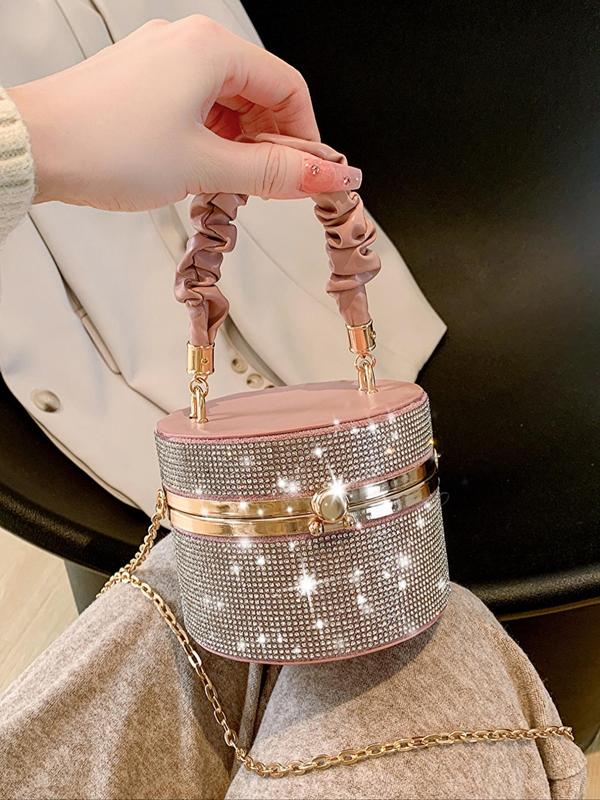 Women's 2024 Summer Minimalist Elegant Rhinestones & Chain Decor Ruched Handle Design Evening Bag for Party, Temperament All-match Evening Bag